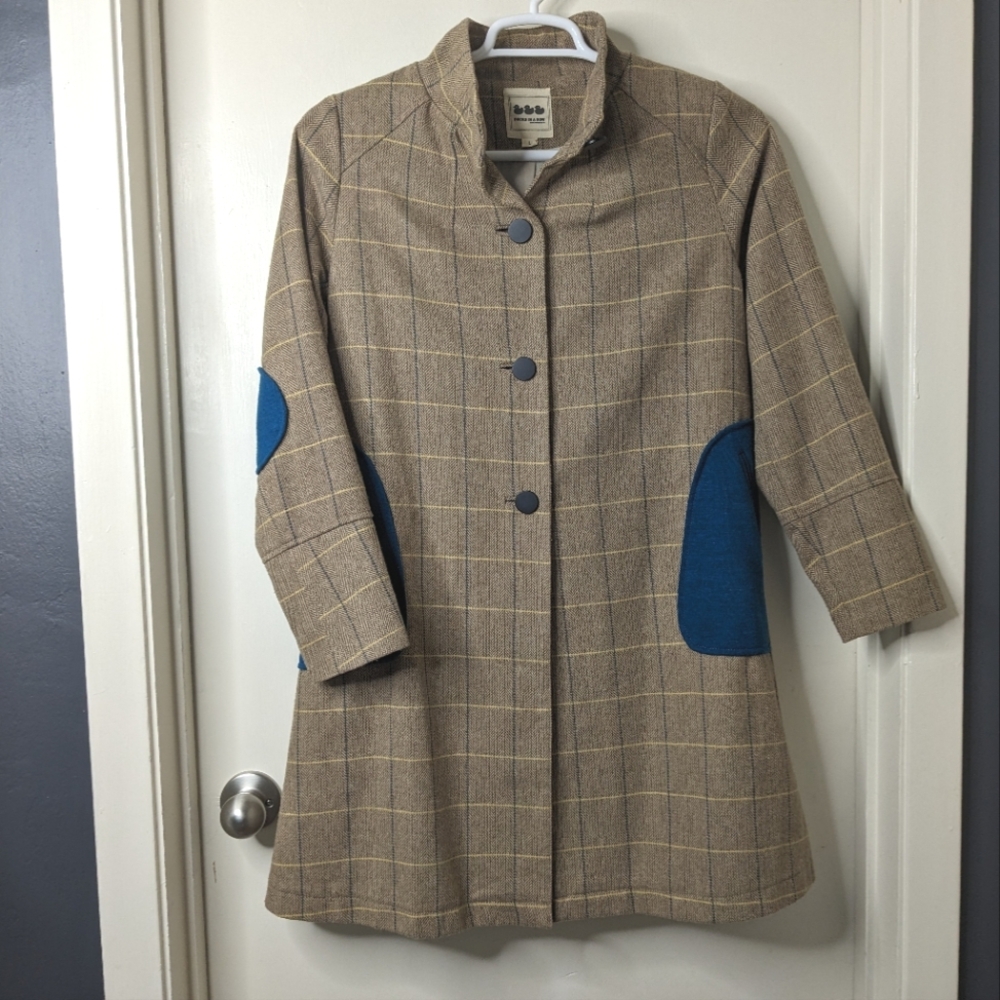 Ducks in a Row Tan Tattersall Plaid and Turquoise Trench Coat in Large